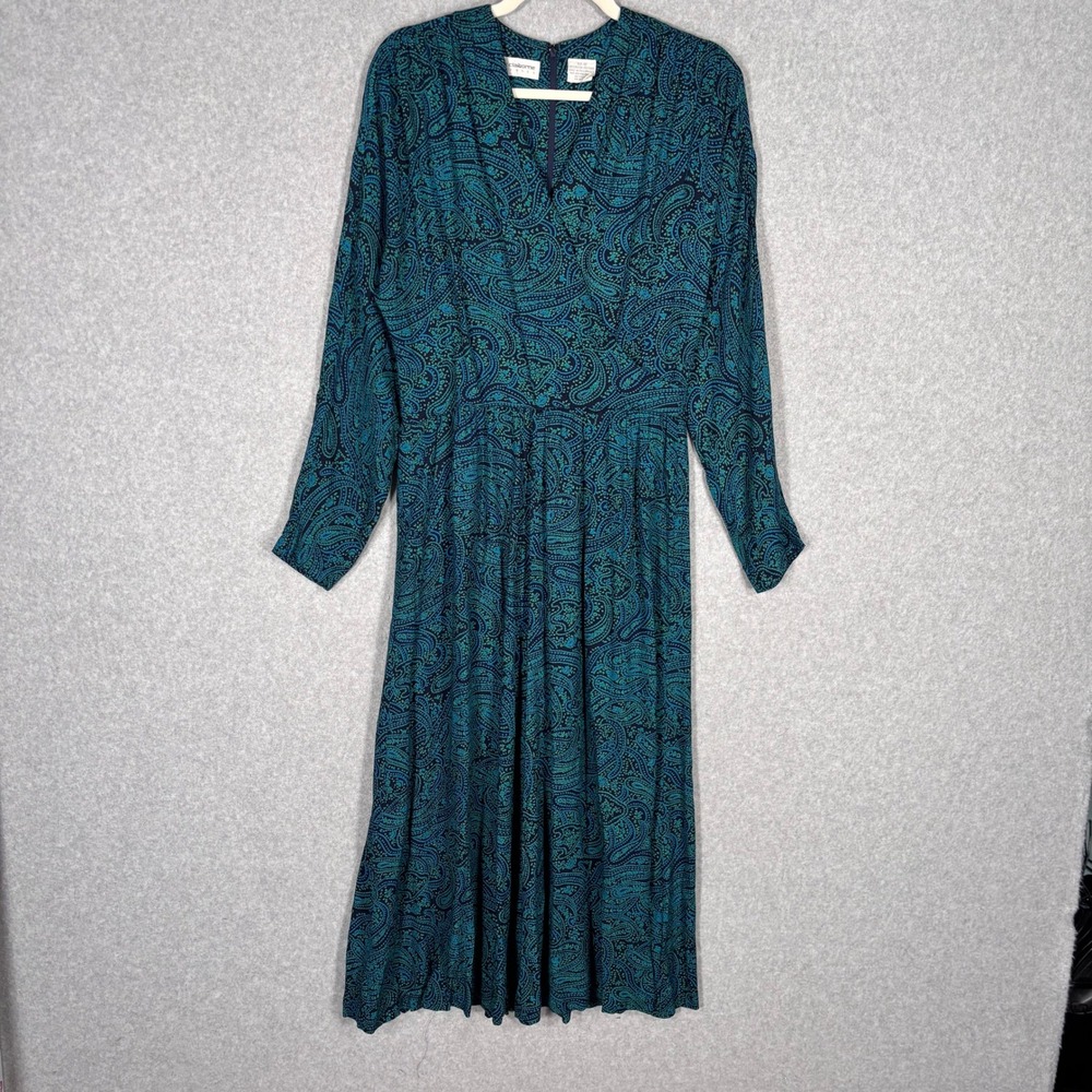 Vintage 90s Liz Claiborne Midi Dress 12 Teal Green Paisley Pleated Wrap‎ Retro